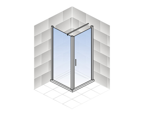 Cabine de douche d''angle avec portes en verre et poignée dans une salle de bain avec carrelage.