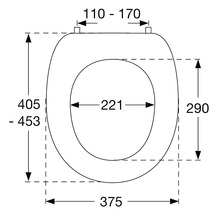 Schéma technique d''un siège de WC avec indications de mesure
