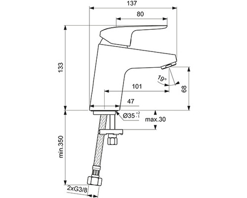Technische Zeichnung einer Armatur mit Maßangaben
