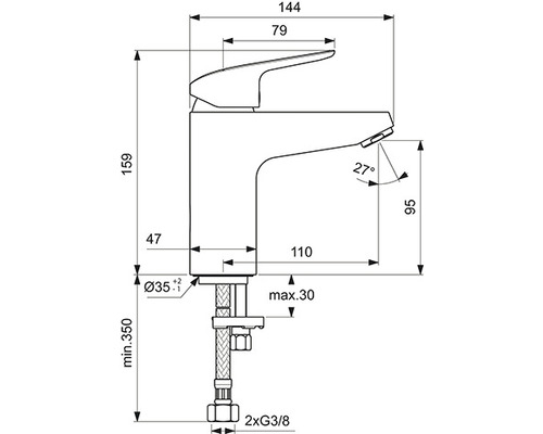 Technische Zeichnung einer Waschtischarmatur mit Maßangaben