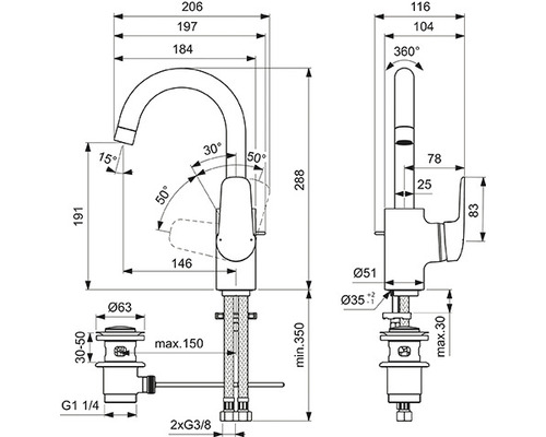 Dessin technique d''un robinet avec indications de mesure.