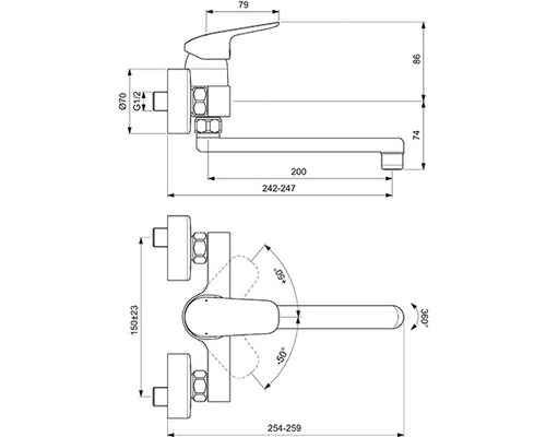 Technische Zeichnung einer Waschtischarmatur mit Maßangaben