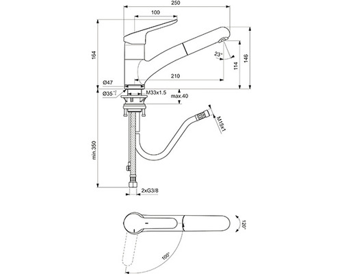 Technische Zeichnung einer Küchenarmatur mit Maßangaben