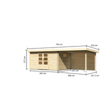 Gartenhaus Karibu Tossens 5 inkl. Anbaudach 3,3 m, Rückwand 706 x 333 cm natur