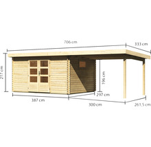 Blockbohlenhaus Karibu Tossens 5 mit Schleppdach 3,3 m 706 x 333 cm natur