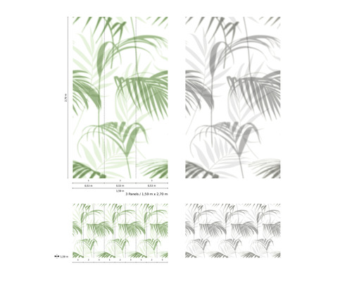 Papier peint photo avec motif de palmier et indications de dimensions