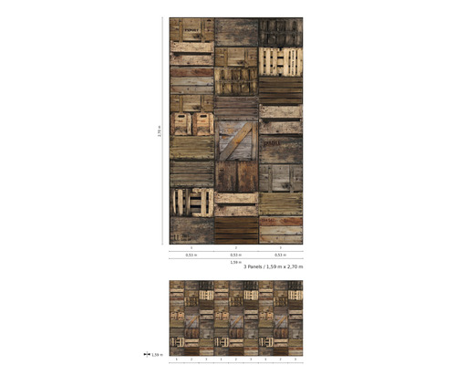 Papier peint avec motif de caisses en bois, dimensions 1,59 mètre sur 2,70 mètres