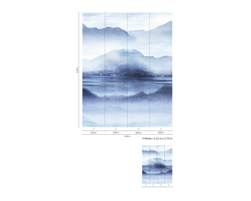 Papier peint photo avec paysage de montagne et lac, composé de quatre parties