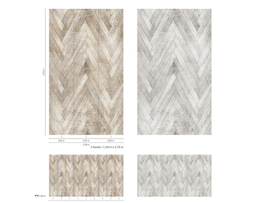 Illustration de panneaux à motif chevrons pour revêtement mural, dimensions incluses