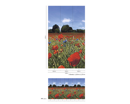 Papier peint photo avec champ de coquelicots, composé de trois lés