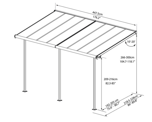 Diagramm einer Terrassenüberdachung mit Maßangaben