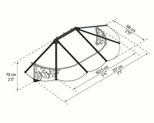 Abmessungen eines Vordachs mit einer Höhe von 70 cm, einer Tiefe von 88 cm und einer Länge von 217 cm