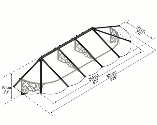 Zeichnung einer Haustürüberdachung mit Maßangaben