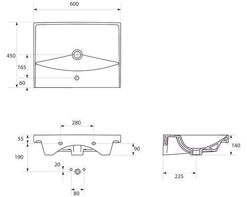 Technische Zeichnung eines Waschtisches mit Maßangaben