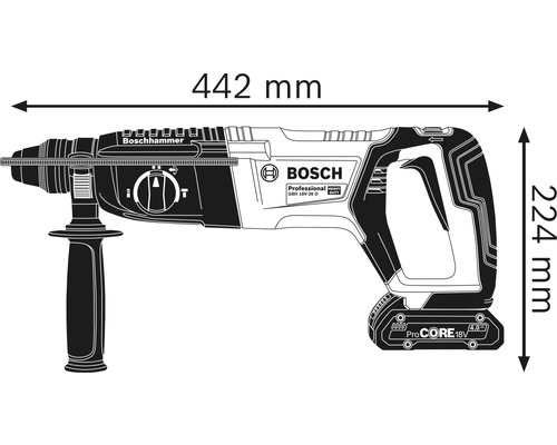 Image du marteau perforateur avec les dimensions 442 millimètres de longueur et 224 millimètres de hauteur