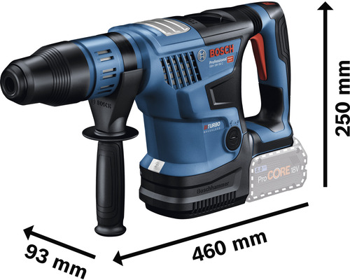 Marteau perforateur Bosch avec des dimensions de 460 mm de longueur, 93 mm de largeur et 250 mm de hauteur.