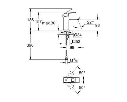 Schéma technique d''un robinet de lavabo avec indication des dimensions