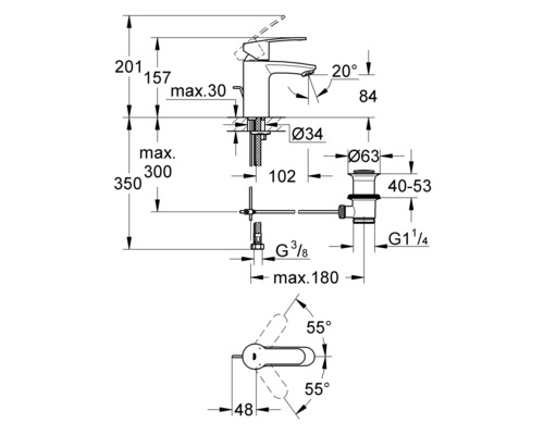 Technische Zeichnung einer Armatur mit Maßen