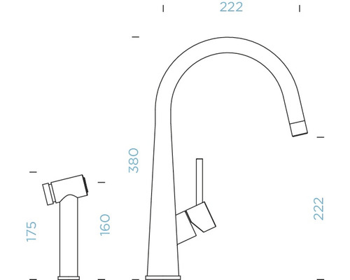 Schéma technique d''un robinet de cuisine avec des dimensions de 380 mm de hauteur et 222 mm de portée