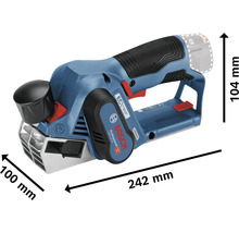 Rabot Bosch GHO 12V-20 avec des dimensions de 100 mm de largeur, 104 mm de hauteur et 242 mm de longueur