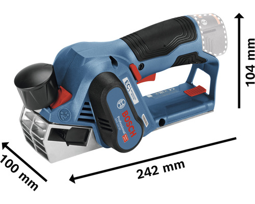 Rabot Bosch GHO 12V-20 avec des dimensions de 100 mm de largeur, 104 mm de hauteur et 242 mm de longueur