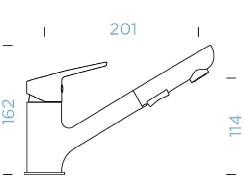 Technische Zeichnung einer Küchenarmatur mit ausziehbarer Brause und Maßangaben.