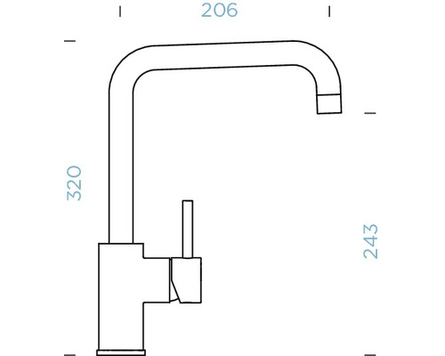 Technische Zeichnung einer Küchenarmatur mit Maßangaben.