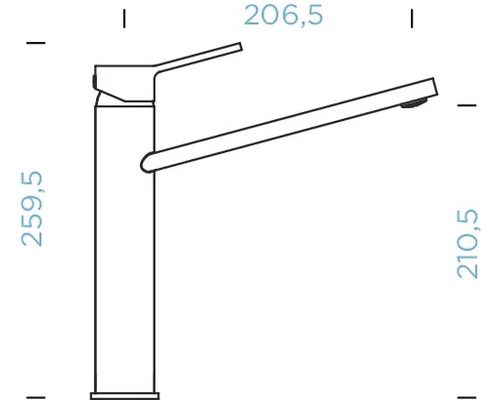 Plan coté d''un robinet avec indication de la hauteur et de la largeur.