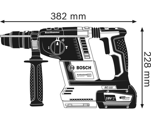 Marteau perforateur Bosch avec des dimensions de 382 mm de longueur et 228 mm de hauteur
