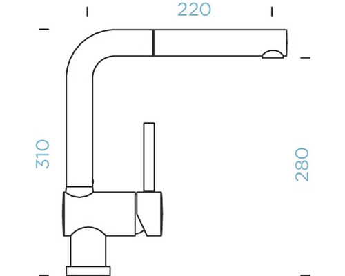 Technische Zeichnung einer Küchenarmatur mit Abmessungen.