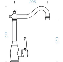 Technische Zeichnung einer Armatur mit den Maßen 205, 310 und 230 Millimeter.