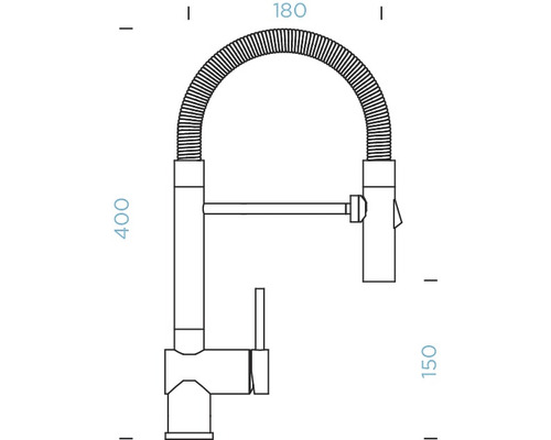 Schéma technique d''un robinet de cuisine avec douchette flexible et indications de dimensions.