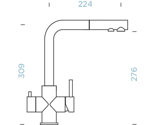 Technische Zeichnung einer Küchenarmatur mit Abmessungen.