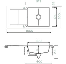 Schéma technique d''un évier de cuisine avec dimensions.