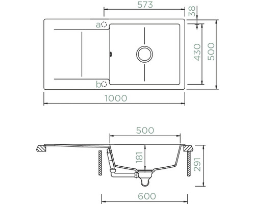 Schéma technique d''un évier de cuisine avec dimensions.