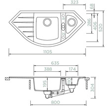 Schéma d''un évier d''angle avec dimensions