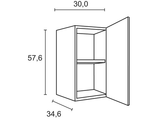 Technische Zeichnung eines Hängeschranks mit Maßen 57,6 x 30,0 x 34,6 cm.