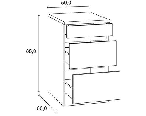 Dessin d''un meuble à tiroirs avec trois tiroirs et indications de taille