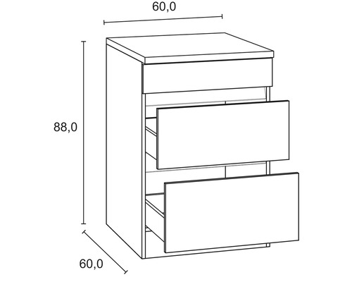 Schéma technique d''un meuble bas avec tiroirs et les dimensions suivantes : hauteur 88 centimètres, largeur 60 centimètres et profondeur 60 centimètres.