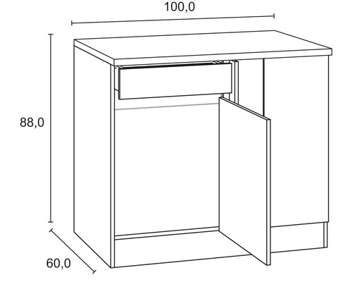 Dessin d''un meuble sous-lavabo avec tiroir et porte, avec indications de dimensions