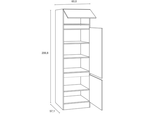 Dessin technique d''une armoire haute ouverte avec étagères et dimensions.