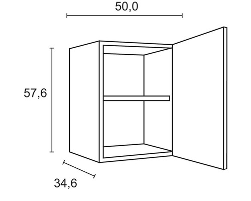Zeichnung eines Hängeschranks mit den Maßen 50,0 x 57,6 x 34,6 Zentimeter.