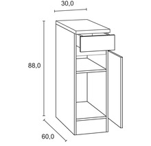 Dessin d''un meuble bas avec tiroir et porte ouverte avec indications de taille