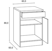 Dessin technique d''un meuble bas avec tiroir, porte et dimensions de 60,0 x 60,0 x 88,0 centimètres.