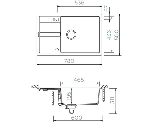 Technische Zeichnung einer Spüle mit Maßangaben