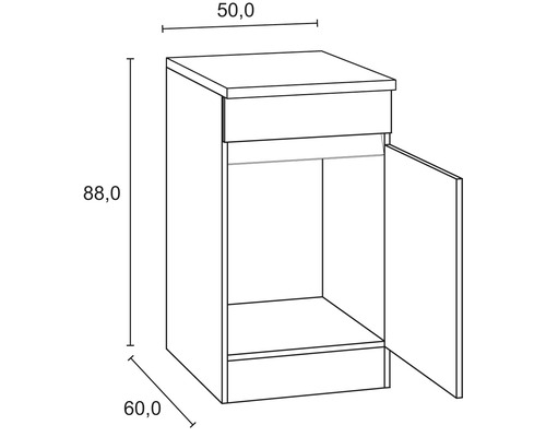 Dessin d''un meuble bas avec porte et dimensions de 50,0, 88,0 et 60,0 centimètres.