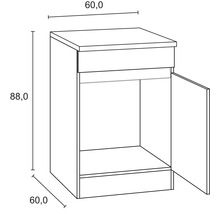Zeichnung eines Unterschranks mit einer Tür und den Maßen 60,0 x 60,0 x 88,0 Zentimeter.