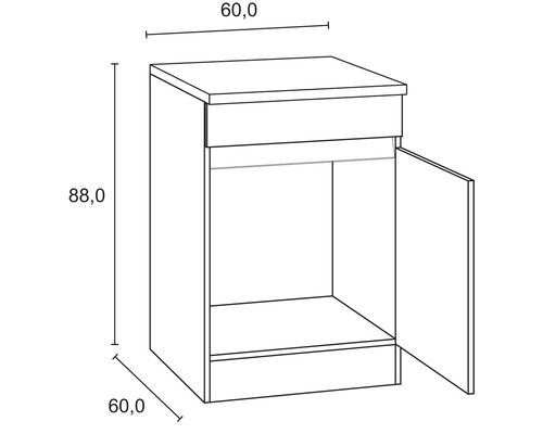 Dessin d''un meuble bas avec une porte et des dimensions de 60,0 x 60,0 x 88,0 centimètres.