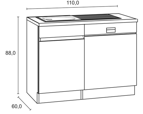 Schéma d''un meuble sous-lavabo avec évier, rangement et tiroir, dimensions 110 x 88 x 60 cm