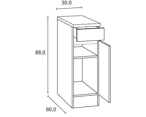 Dessin technique d''un meuble bas avec tiroir, porte et dimensions